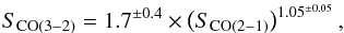 Mathematical equation: \appendix \setcounter{section}{2} \begin{equation} S_{\rm CO(3-2)} = 1.7^{\pm0.4} \times \left(S_{\rm CO(2-1)}\right)^{1.05^{\pm0.05}}, \label{eq:corr_co} \end{equation}