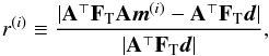 Mathematical equation: \begin{eqnarray} r^{\left(i\right)} \equiv \frac{|\b{A}^\T \F{T} \b{A} \vec{m}^{\left(i\right)} - \b{A}^\T \F{T} \vec{d}|}{|\b{A}^\T \F{T} \vec{d}|}, \label{eqn:pcgResDef} \end{eqnarray}
