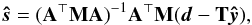 Mathematical equation: \begin{eqnarray} \vec{\hat{s}}= (\b{A}^\T \b{M} \b{A})^{-1} \b{A}^\T \b{M}(\vec{d} - \b{T}\bh{y}), \label{s_destriper} \end{eqnarray}