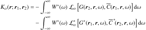Mathematical equation: \begin{eqnarray} \begin{aligned} K_\alpha (\br ; \one, \two) = & - \int_{-\infty}^\infty W^*(\omega) \; \cL_\alpha \left[ G (\two,\br,\omega), \overline{C}(\one,\br,\omega) \right] \id\omega \\ & - \int_{-\infty}^\infty W^*(\omega) \; \cL_\alpha^* \left[ G^*(\one,\br, \omega), \overline{C}^{\, *}\!(\two,\br, \omega) \right] \id\omega \end{aligned} \label{eq.kernelGeneral} \end{eqnarray}