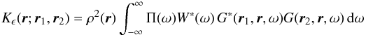 Mathematical equation: \begin{equation} K_\epsilon (\br ; \one, \two) = \rho^2(\br) \int_{-\infty}^\infty \Ps(\omega) W^*(\omega) \, G^*(\one,\br, \omega) G (\two,\br, \omega) \, \id \omega \end{equation}