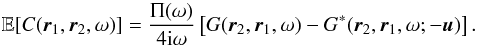 Mathematical equation: \begin{equation} \label{eq.EC-ImG} \EE[C(\one,\two, \omega)]= \frac{\Ps(\omega)}{4\ii\omega} \left[ G(\two,\one, \omega) - G^*(\two,\one, \omega; -\bu) \right]. \end{equation}