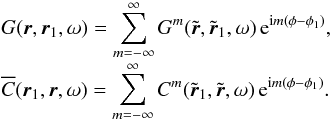Mathematical equation: \begin{eqnarray} && G (\br, \br_1,\omega ) = \sum_{m=-\infty}^\infty G^m(\tilde{\br}, \tilde{\br}_1,\omega) \, \mathrm{e}^{\ii m ( \phi-\phi_1)}, \nonumber\\[-1mm] && \overline{C} (\br_1, \br,\omega ) = \sum_{m=-\infty}^\infty C^m(\tilde{\br}_1, \tilde{\br}, \omega) \, \mathrm{e}^{\ii m ( \phi-\phi_1)}. \end{eqnarray}