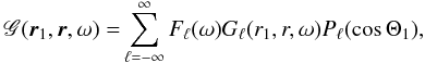 Mathematical equation: \begin{eqnarray} \begin{aligned} \mathscr{G}(\br_1,\br,\omega) = & \sum_{\ell=-\infty}^\infty F_\ell(\omega) G_{\ell}(r_1, r, \omega) P_\ell(\cos\Theta_1), \label{eq:filteredG} \end{aligned} \end{eqnarray}
