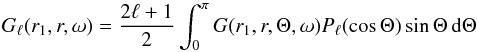 Mathematical equation: \begin{equation} G_{\ell}(r_1,r,\omega) = \frac{2\ell+1}{2} \int_0^\pi G(r_1, r,\Theta,\omega) P_\ell(\cos\Theta) \sin \Theta \diff \Theta \label{eq:Gl} \end{equation}