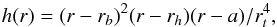 Mathematical equation: \appendix \setcounter{section}{2} \begin{equation} h(r) = (r-r_b)^2(r-r_h)(r-a)/r^4_t, \end{equation}