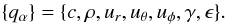 Mathematical equation: \begin{equation} \{ q_\alpha \} = \{ c, \rho, u_r,u_\theta,u_\phi, \gamma, \epsilon \}. \end{equation}