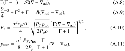 Mathematical equation: \appendix \setcounter{section}{1} \begin{eqnarray} &&\Gamma(\Gamma+1)={\cal A}(\nabla-\nabla_{\rm ad}), \label{eq:MLT1}\\ &&\frac{9}{4}\Gamma^3+\Gamma^2+\Gamma={\cal A}(\nabla_{\rm rad}-\nabla_{\rm ad}), \label{eq:MLT2} \\ &&F_{\rm c}=\frac{\alpha^2c_p\rho T}{4}\sqrt{\frac{P_Tp_{\rm tot}}{2P_\rho\rho}} \left[\frac{\Gamma(\nabla-\nabla_{\rm ad})}{\Gamma+1}\right]^{3/2}, \label{eq:MLT_Fc} \\ &&p_{\rm turb}=\frac{\alpha^2}{8}\frac{P_Tp_{\rm tot}}{2P_\rho}\frac{\Gamma}{\Gamma+1}(\nabla-\nabla_{\rm ad}), \label{eq:MLT_pturb} \end{eqnarray}