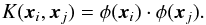 Mathematical equation: \begin{equation} K({{\vec x}_i,{\vec x}_j}) = \phi({\vec x}_i)\cdot\phi({\vec x}_j). \label{H-S-} \end{equation}
