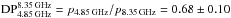 Mathematical equation: \hbox{$\text{DP}_{4.85\,\mathrm{GHz}}^{8.35\,\mathrm{GHz}}=p_{4.85\,\mathrm{GHz}}/p_{8.35\,\mathrm{GHz}}=0.68\pm0.10$}