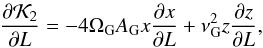 Mathematical equation: \begin{equation} \frac{\partial \mathcal{K}_2}{\partial L} = - 4 \Omega_{\rm G} A_{\rm G} x \frac{\partial x}{\partial L} + \nu_{\rm G}^2 z \frac{\partial z}{\partial L} \rm{,} \label{eq13} \end{equation}