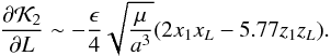 Mathematical equation: \begin{equation} \frac{\partial \mathcal{K}_2}{\partial L} \sim - \dfrac{\epsilon}{4} \sqrt{\dfrac{\mu}{a^3}} (2 x_1 x_L - 5.77 z_1 z_L) \rm{.} \label{eq13b} \end{equation}