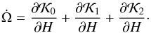 Mathematical equation: \begin{equation} \dot{\Omega} = \frac{\partial \mathcal{K}_0}{\partial H}+\frac{\partial \mathcal{K}_1}{\partial H}+\frac{\partial \mathcal{K}_2}{\partial H} \cdot \label{eq14} \end{equation}