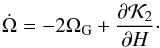 Mathematical equation: \begin{equation} \dot{\Omega} = - 2 \Omega_{\rm G} + \frac{\partial \mathcal{K}_2}{\partial H} \cdot \label{eq15} \end{equation}