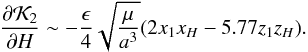Mathematical equation: \begin{equation} \frac{\partial \mathcal{K}_2}{\partial H} \sim - \dfrac{\epsilon}{4} \sqrt{\dfrac{\mu}{a^3}} (2 x_1 x_H - 5.77 z_1 z_H) \rm{.} \end{equation}