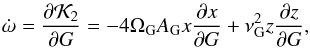 Mathematical equation: \begin{equation} \dot{\omega} = \frac{\partial \mathcal{K}_2}{\partial G} = - 4 \Omega_{\rm G} A_{\rm G} x \frac{\partial x}{\partial G} + \nu_{\rm G}^2 z \frac{\partial z}{\partial G} \rm{,} \label{eq18} \end{equation}