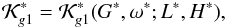Mathematical equation: \begin{equation} \mathcal{K}^*_{g1} = \mathcal{K}^*_{g1} ({G^*},{\omega^*};{L^*},{H^*}) \rm{,} \label{eq25b} \end{equation}