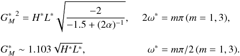 Mathematical equation: \begin{eqnarray} &&{G^*_M}^2 = {H^*} {L^*} \sqrt{\dfrac{-2}{ - 1.5 + ( 2 \alpha)^{-1}}} {,} \quad \,\, 2\omega^* = m \pi \, (m=1 , 3) {,} \nonumber\\[2mm] &&{G^*_M} \sim 1.103 \sqrt{{H^*} {L^*} } {,} \qquad\qquad \qquad \omega^* = m \pi/2 \, (m=1, 3) {.} \label{eq29} \end{eqnarray}