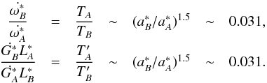 Mathematical equation: \begin{equation} \begin{array}{ccccccl} \dfrac{\dot{\omega^*_B}}{\dot{\omega^*_A}} &=& \dfrac{T_A}{T_B} &\sim& ({a^*_B}/{a^*_A})^{1.5} &\sim& 0.031 \rm{,}\\[3mm] \dfrac{\dot{G^*_B}L^*_A}{\dot{G^*_A}L^*_B} &=& \dfrac{T'_A}{T'_B} &\sim& ({a^*_B}/{a^*_A})^{1.5} &\sim& 0.031 \rm{.} \label{eq35} \end{array} \end{equation}