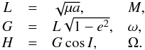 Mathematical equation: \begin{equation} \begin{array}{ccll} L &=& \sqrt{\mu a} , & M \rm{,} \\ G &=& L \sqrt{1 - e^2} , & \omega \rm{,} \\ H &=& G \cos I , & \Omega \rm{.} \label{eq7} \end{array} \end{equation}