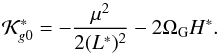 Mathematical equation: \begin{equation} \mathcal{K}_{g0}^* = - \dfrac{\mu^2}{2 (L^*)^{2}} - 2 \Omega_{\rm G} H^* \rm{.} \label{eq61d} \end{equation}