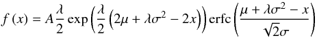 Mathematical equation: \begin{equation} f \left( x \right) =A \frac{\lambda}{2} \exp \left( \frac{\lambda}{2} \left(2 \mu + \lambda \sigma^2 - 2 x \right) \right) \mathrm{erfc} \left( \frac{\mu + \lambda \sigma^2 - x}{\sqrt{2} \sigma} \right) \label{eq:emg} \end{equation}