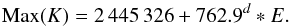 Mathematical equation: \begin{equation} {\rm Max}(K) = 2\,445\,326 + 762.9^d *E. \end{equation}