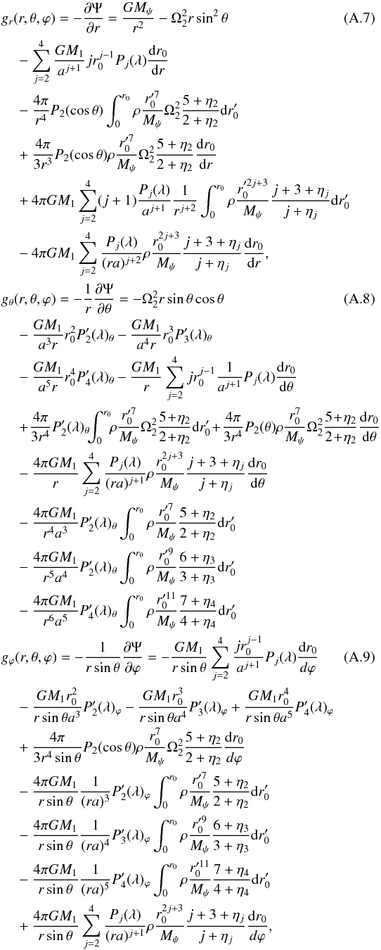 Mathematical equation: \appendix \setcounter{section}{1} \begin{align} &g_{r}(r,\theta, \varphi)=-\frac{\partial \Psi}{\partial r}=\frac{GM_{\psi}}{r^{2}}-\Omega_{2}^{2}r\sin^{2}\theta \\\nonumber&\quad-\sum_{j=2}^{4} \frac{GM_{1}}{a^{j+1}}jr_{0}^{j-1}P_{j}(\lambda)\frac{{\rm d}r_{0}}{{\rm d}r}\\\nonumber&\quad-\frac{4\pi}{r^{4}}P_{2}(\cos\theta)\int_{0}^{r_{0}}\rho\frac{r_{0}'^{7}}{M_{\psi}}\Omega_{2}^{2} \frac{5+\eta_{2}}{2+\eta_{2}}{\rm d}r_{0}'\\\nonumber&\quad+\frac{4\pi}{3r^{3}}P_{2}(\cos\theta)\rho\frac{r_{0}'^{7}}{M_{\psi}}\Omega_{2}^{2}\frac{5+\eta_{2}}{2+\eta_{2}}\frac{{\rm d}r_{0}}{{\rm d}r}\\\nonumber &\quad+4\pi GM_{1}\sum_{j=2}^{4}(j+1)\frac{P_{j}(\lambda)}{a^{j+1}}\frac{1}{r^{j+2}}\int_{0}^{r_{0}}\rho\frac{r_{0}'^{2j+3}}{M_{\psi}}\frac{j+3+\eta_{j}}{j+\eta_{j}}{\rm d}r_{0}'\\\nonumber &\quad-4\pi GM_{1}\sum_{j=2}^{4}\frac{P_{j}(\lambda)}{(ra)^{j+2}}\rho\frac{r_{0}^{2j+3}}{M_{\psi}}\frac{j+3+\eta_{j}}{j+\eta_{j}}\frac{{\rm d}r_{0}}{{\rm d}r}, \\ &g_{\theta}(r,\theta, \varphi)=-\frac{1}{r}\frac{\partial \Psi}{\partial \theta}=-\Omega_{2}^{2}r\sin\theta\cos\theta \\\nonumber&\quad -\frac{GM_{1}}{a^{3}r}r_{0}^{2}P'_{2}(\lambda)_{\theta} -\frac{GM_{1}}{a^{4}r}r_{0}^{3}P'_{3}(\lambda)_{\theta}\\\nonumber&\quad-\frac{GM_{1}}{a^{5}r}r_{0}^{4}P'_{4}(\lambda)_{\theta} -\frac{GM_{1}}{r}\sum_{j=2}^{4}jr_{0}^{j-1}\frac{1}{a^{j+1}}P_{j}(\lambda)\frac{{\rm d}r_{0}}{{\rm d}\theta}\\\nonumber&\quad+\!\frac{4\pi}{3r^{4}}P'_{2}(\lambda)_{\theta}\!\!\int_{0}^{r_{0}}\!\! \rho\frac{r_{0}'^{7}}{M_{\psi}}\Omega_{2}^{2}\frac{5\!+\!\eta_{2}}{2\!+\!\eta_{2}}{\rm d}r_{0}' \!+\!\frac{4\pi}{3r^{4}}P_{2}(\theta)\rho\frac{r_{0}^{7}}{M_{\psi}}\Omega_{2}^{2}\frac{5\!+\!\eta_{2}}{2\!+\!\eta_{2}}\frac{{\rm d}r_{0}}{{\rm d}\theta}\\\nonumber&\quad-\frac{4\pi GM_{1}}{r}\sum_{j=2}^{4} \frac{P_{j}(\lambda)}{(ra)^{j+1}}\rho\frac{r_{0}^{2j+3}}{M_{\psi}}\frac{j+3+\eta_{j}}{j+\eta_{j}}\frac{{\rm d}r_{0}}{{\rm d}\theta}\\\nonumber&\quad- \frac{4\pi GM_{1}}{r^{4}a^{3}}P'_{2}(\lambda)_{\theta}\int_{0}^{r_{0}}\rho\frac{r_{0}'^{7}}{M_{\psi}}\frac{5+\eta_{2}}{2+\eta_{2}}{\rm d}r_{0}' \\\nonumber&\quad-\frac{4\pi GM_{1}}{r^{5}a^{4}}P'_{2}(\lambda)_{\theta} \int_{0}^{r_{0}}\rho\frac{r_{0}'^{9}}{M_{\psi}}\frac{6+\eta_{3}}{3+\eta_{3}}{\rm d}r_{0}'\\\nonumber&\quad-\frac{4\pi GM_{1}}{r^{6}a^{5}}P'_{4}(\lambda)_{\theta} \int_{0}^{r_{0}}\rho\frac{r_{0}'^{11}}{M_{\psi}}\frac{7+\eta_{4}}{4+\eta_{4}}{\rm d}r_{0}' \\ &g_{\varphi}(r,\theta,\varphi)=-\frac{1}{r\sin\theta }\frac{\partial \Psi}{\partial \varphi}=-\frac{GM_{1}}{r\sin\theta}\sum_{j=2}^{4}\frac{jr_{0}^{j-1}}{a^{j+1}}P_{j}(\lambda)\frac{{\rm d}r_{0}}{d\varphi}\\\nonumber&\quad-\frac{GM_{1}r_{0}^{2}}{r\sin\theta a^{3}} P'_{2}(\lambda)_{\varphi}-\frac{GM_{1}r_{0}^{3}}{r\sin\theta a^{4}}P'_{3}(\lambda)_{\varphi} +\frac{GM_{1}r_{0}^{4}}{r\sin\theta a^{5}} P'_{4}(\lambda)_{\varphi}\\\nonumber& \quad+\frac{4\pi}{3r^{4}\sin\theta}P_{2}(\cos\theta)\rho\frac{r_{0}^{7}}{M_{\psi}}\Omega_{2}^{2} \frac{5+\eta_{2}}{2+\eta_{2}}\frac{{\rm d}r_{0}}{d\varphi}\\\nonumber&\quad -\frac{4\pi G M_{1}}{r\sin\theta}\frac{1}{(ra)^{3}}P'_{2}(\lambda)_{\varphi}\int_{0}^{r_{0}}\rho\frac{r_{0}'^{7}}{M_{\psi}}\frac{5+\eta_{2}}{2+\eta_{2}}{\rm d}r'_{0} \\\nonumber&\quad-\frac{4\pi G M_{1}}{r\sin\theta}\frac{1}{(ra)^{4}}P'_{3}(\lambda)_{\varphi}\int_{0}^{r_{0}} \rho\frac{r_{0}'^{9}}{M_{\psi}}\frac{6+\eta_{3}}{3+\eta_{3}}{\rm d}r'_{0}\\\nonumber&\quad -\frac{4\pi G M_{1}}{r\sin\theta}\frac{1}{(ra)^{5}} P'_{4}(\lambda)_{\varphi} \int_{0}^{r_{0}} \rho\frac{r_{0}'^{11}}{M_{\psi}}\frac{7+\eta_{4}}{4+\eta_{4}}{\rm d}r'_{0}\\\nonumber&\quad+\frac{4\pi GM_{1}}{r\sin\theta}\sum_{j=2}^{4}\frac{P_{j}(\lambda)}{(ra)^{j+1}}\rho\frac{r^{2j+3}_{0}}{M_{\psi}}\frac{j+3+\eta_{j}}{j+\eta_{j}}\frac{{\rm d}r_{0}}{d\varphi}, \end{align}