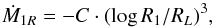 Mathematical equation: \begin{equation} \dot{M}_{1R}=-C \cdot (\log R_{1}/R_{L})^{3}, \end{equation}