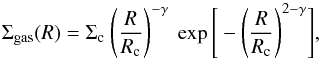 Mathematical equation: \begin{equation} \Sigma_{\rm gas}(R) = \Sigma_{\rm c} \ \Bigg(\frac{R}{R_{\rm c}}\Bigg)^{-\gamma} \ \exp\Bigg[ - \Bigg( \frac{R}{R_{\rm c}} \Bigg)^{2 - \gamma} \Bigg] , \end{equation}