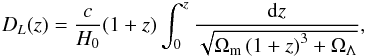 Mathematical equation: \begin{eqnarray*} D_L(z)=\frac{c}{H_0}(1+z) \int^z_0{\frac{{\rm d}z}{\sqrt{\Omega_{\rm m} \left( 1+z \right)^3+\Omega_\Lambda}}}, \end{eqnarray*}