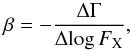 Mathematical equation: \begin{equation} \beta=-\frac{\Delta\Gamma}{\Delta\!\log F_{\rm X} }, \label{eq:betagamma} \end{equation}