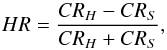 Mathematical equation: \begin{equation} HR=\frac{CR_H-CR_S}{CR_H+CR_S}, \label{eq:hrdef} \end{equation}