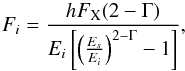 Mathematical equation: \begin{equation} F_i = \frac{h F_{\rm X} (2-\Gamma)}{E_i \left[ \left( \frac{E_s}{E_i} \right)^{2-\Gamma} -1 \right]}, \label{eq:monofluxes} \end{equation}