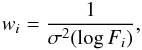 Mathematical equation: \begin{eqnarray*} w_i=\frac{1}{\sigma^2 (\log F_i) }, \end{eqnarray*}