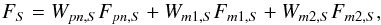 Mathematical equation: \begin{equation} F_S = W_{pn,S}F_{pn,S}+W_{m1,S}F_{m1,S}+W_{m2,S}F_{m2,S}, \label{eq:sumfluxes} \end{equation}