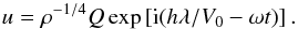 Mathematical equation: \begin{equation} u = \rho^{-1/4}Q\exp \left [{\rm i}(h\lambda/V_0 - \omega t) \right ]. \label{eq:5.11} \end{equation}