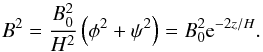 Mathematical equation: \appendix \setcounter{section}{1} \begin{equation} B^2 = \frac{B_0^2}{H^2}\left(\phi^2 + \psi^2\right) = B_0^2 {\rm e}^{-2z/H}. \label{eq:A2} \end{equation}