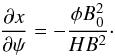 Mathematical equation: \appendix \setcounter{section}{1} \begin{equation} \frac{\partial x}{\partial\psi} = -\frac{\phi B_0^2}{H B^2} \cdot \label{eq:A4} \end{equation}