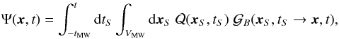 Mathematical equation: \begin{equation} \Psi(\vec{x},t)=\int_{-t_{\rm MW}}^t {\rm d} t_S\int_{V_{\rm MW}} {\rm d}\vec{x}_S\; {\cal Q}(\vec{x}_S,t_S)\;{\cal G}_{B}(\vec{x}_S,t_S\to \vec{x},t), \end{equation}