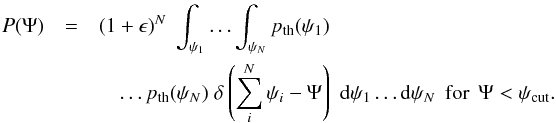 Mathematical equation: \begin{eqnarray} P(\Psi)&=&(1+\epsilon)^{{N}}\;\int_{\psi_1}\ldots \int_{\psi_{N}}p_{\rm th}(\psi_1)\nonumber\\ &&\quad\ldots p_{\rm th}(\psi_{N})\;\delta\left(\sum_i^{N} \psi_i-\Psi\right)\;\mathrm{d}\psi_1\ldots \mathrm{d}\psi_{N} \:\:{\rm for}\:\:\Psi<\psi_{\rm cut}. \end{eqnarray}