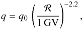Mathematical equation: \begin{equation} q = q_0 \, \left( {\displaystyle \frac{\cal R}{\rm 1 \, GV}} \right)^{-2.2} , \label{eq:q_injection} \end{equation}