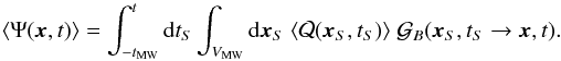 Mathematical equation: \begin{equation} \langle \Psi(\vec{x},t)\rangle=\int_{-t_{\rm MW}}^t {\rm d} t_S\int_{V_{\rm MW}} {\rm d}\vec{x}_S\; \langle{\cal Q}(\vec{x}_S,t_S)\rangle\;{\cal G}_{B}(\vec{x}_S,t_S\to \vec{x},t). \label{eq:psi_th} \end{equation}