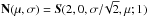 Mathematical equation: \hbox{$\mathbf{N}(\mu,\sigma)=\vec{S}(2,0,\sigma/\!\sqrt{2},\mu;1)$}