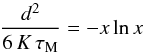 Mathematical equation: \begin{equation} \frac{d^2}{6\,K\,\tau_{\rm M}}=-x\ln{x} \label{eq:space_time_domain} \end{equation}