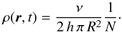 Mathematical equation: \begin{equation} \rho{(\boldsymbol{r},t)}=\frac{\nu}{2 \, h \, \pi \, R^2}\frac{1}{N}\cdot \end{equation}