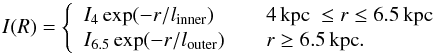 Mathematical equation: \begin{equation} I(R) = \left\{ \begin{array}{l l} I_\mathrm{4} \, \mathrm{exp}(-r/l_\mathrm{inner}) & \quad \text{4\,kpc }\le r \le 6.5\,{\rm kpc}\\ I_\mathrm{6.5} \, \mathrm{exp}(-r/l_\mathrm{outer}) & \quad r \ge 6.5\,\text{kpc} . \end{array} \right. \end{equation}