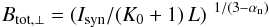Mathematical equation: \begin{eqnarray} B_\mathrm{tot,\perp} =(I_\mathrm{syn}/(K_0+1)\,L)^{\,\,\,1/(3-\alpha_\mathrm{n})} \end{eqnarray}