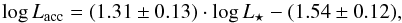 Mathematical equation: \begin{equation} \log{L_{\rm acc}} = (1.31 \pm 0.13) \cdot \log{L_{\star}} - (1.54 \pm 0.12) \label{fit_without_slysos} , \end{equation}
