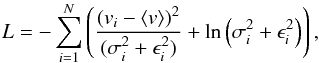 Mathematical equation: \begin{equation} L=-\sum_{i=1}^{N}\left(\frac{(v_{i}-\langle v \rangle)^{2}}{(\sigma_{i}^{2}+\epsilon_{i}^{2})}+\ln \left( \sigma_{i}^{2}+\epsilon_{i}^{2}\right)\right), \end{equation}
